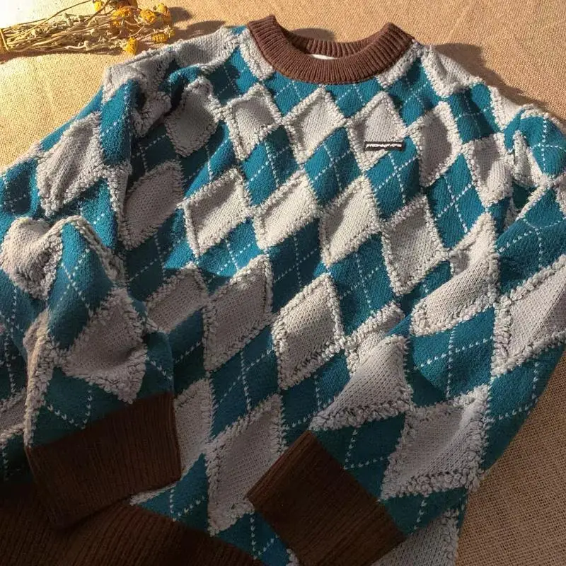 2023 Autumn Winter New Plaid Sweater Men Women Retro Couple Sweatshirts Long Sleeve Blouse Tops Pullovers Knit harajuku