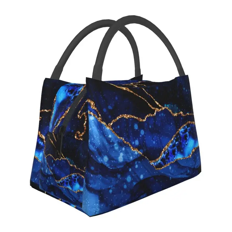

Elegant Blue And Gold Thermal Insulated Lunch Bag Marble Abstract Teal Lunch Tote for Office Outdoor Storage Meal Food Box