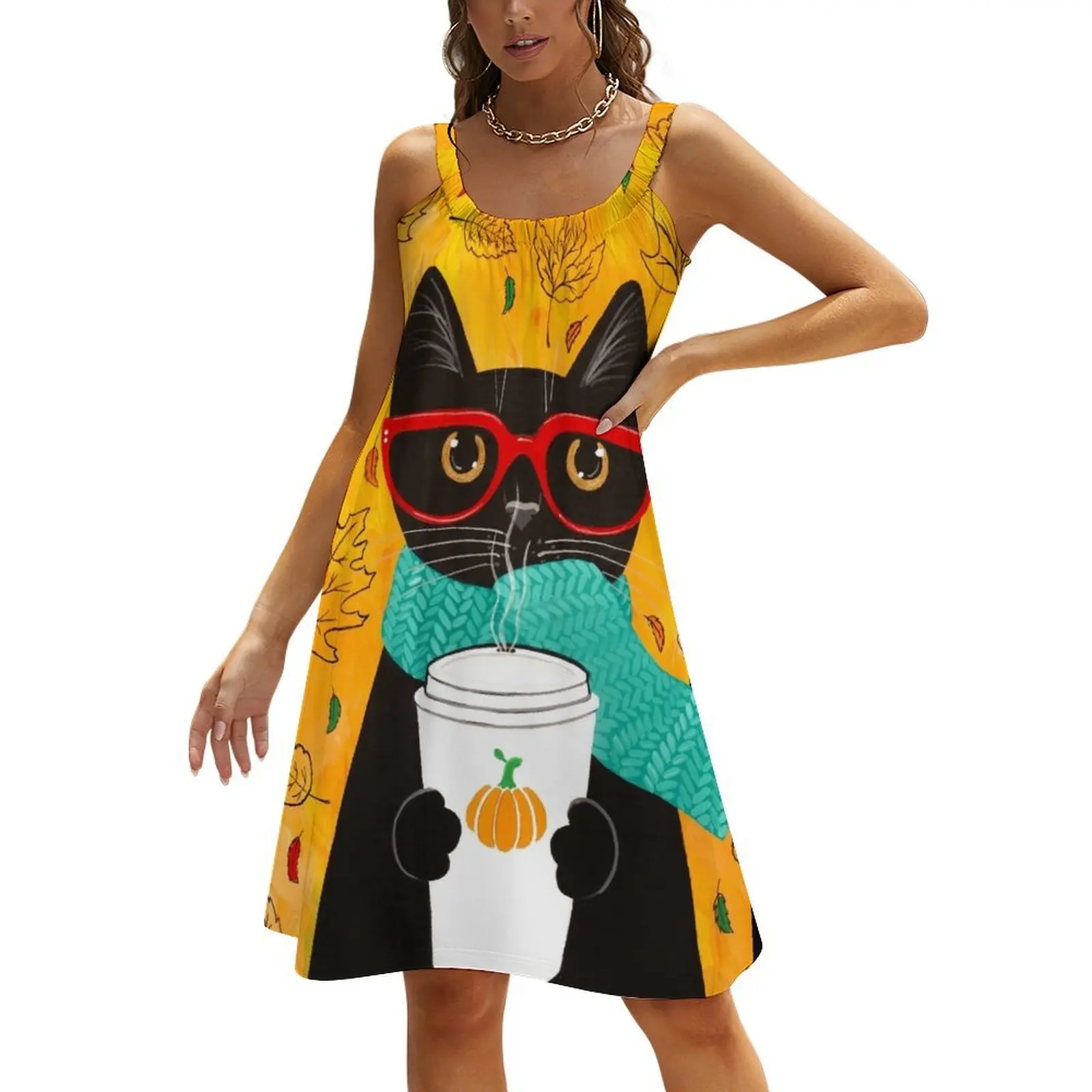 

Autumn Pumpkin Coffee Cat Beach Sling Skirt wedding guest dress 2024 evening dress women Women's long dress summer dresses