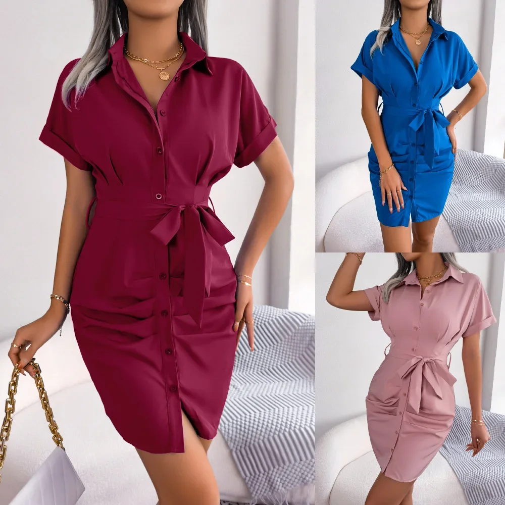 

Real summer Europe and the United States casual solid color bat sleeve waist compression shirt dress