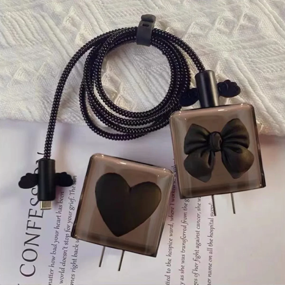 Schwarz Liebe Bogen 5 teile/satz Lade Daten Kabel Protector Wickler Zubehör Für iPhone 18/20 watt Ladegerät Schutzhülle – Detail 4