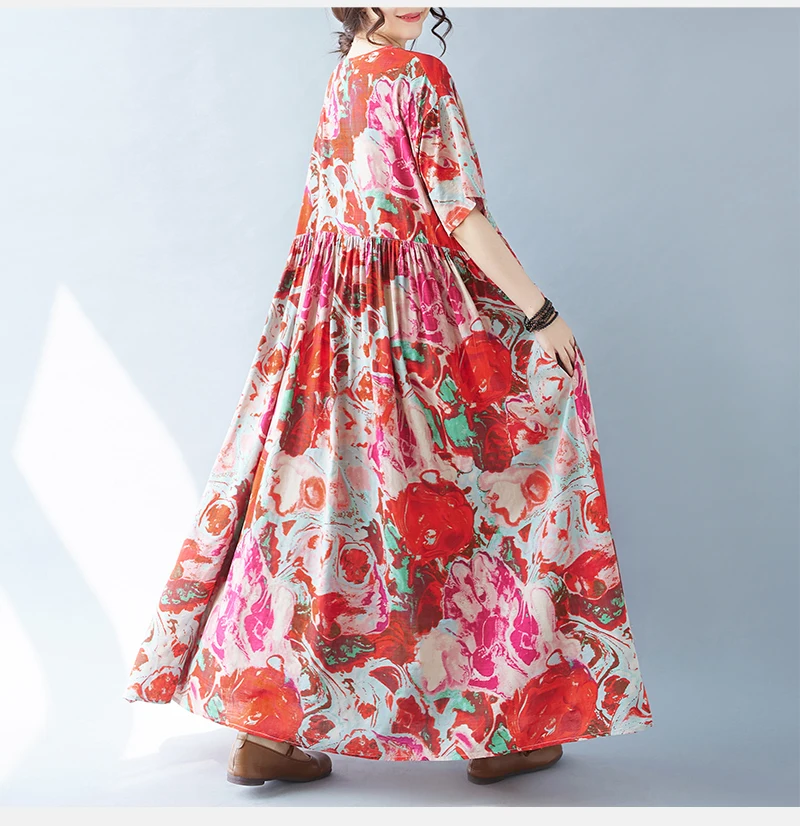 Vintage Boho Cotton Summer Dress - Casual Loose Print Holiday Dress for Women