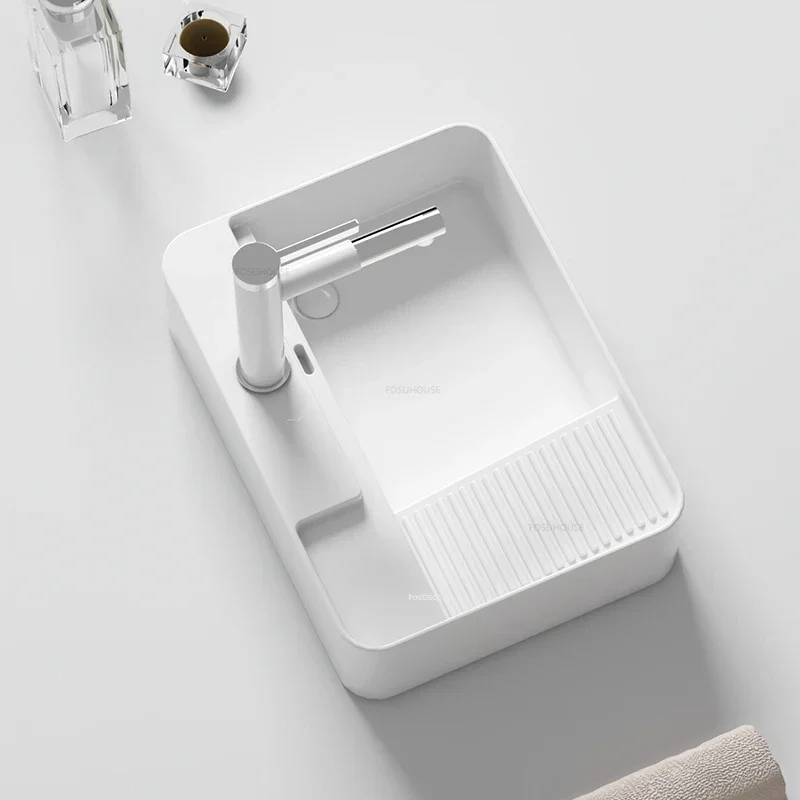 Ceramic Countertop Basin Bathroom Sinks Washing Machine Cabinet Side Drain Washbasin with Washboard Balcony Small Size Washbasin