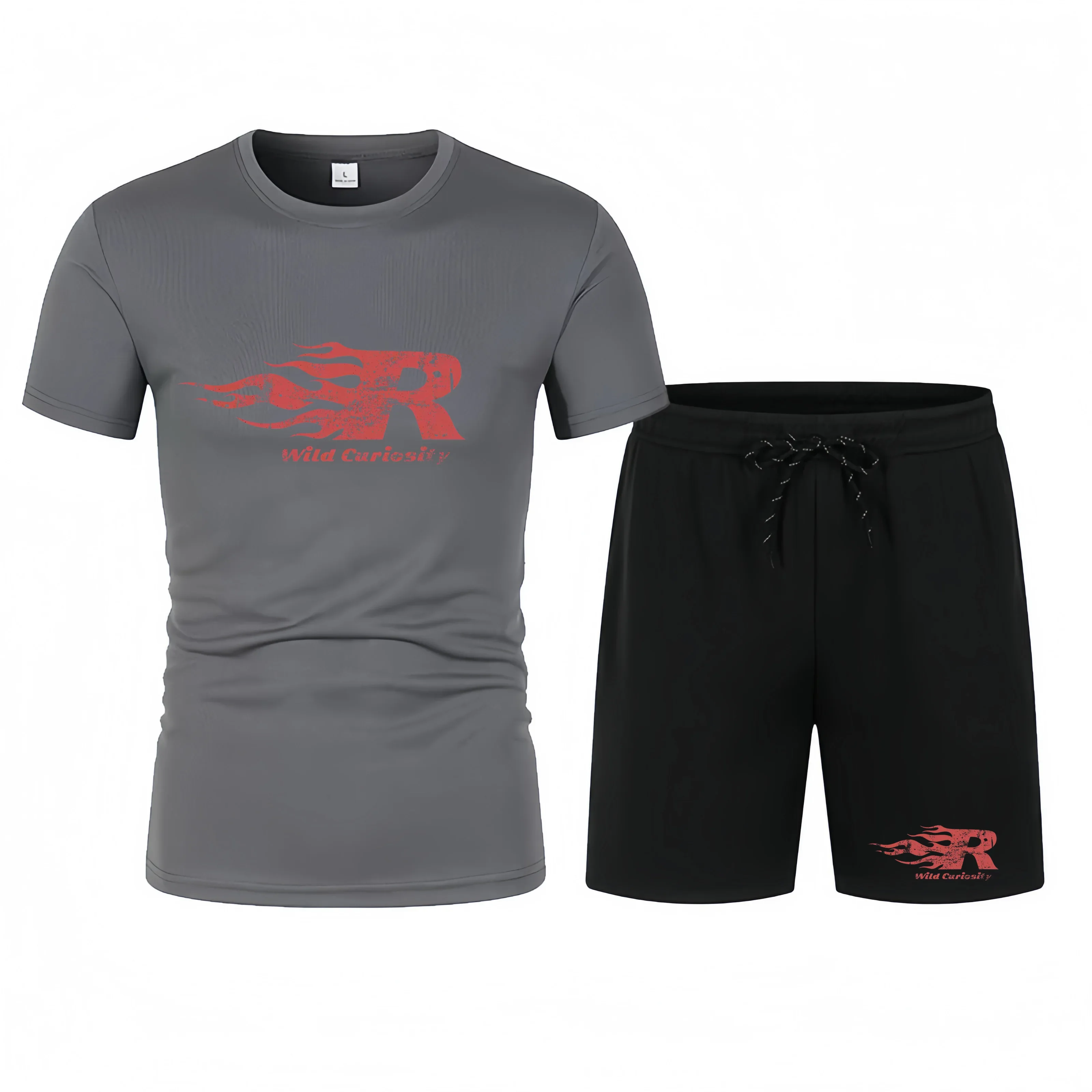Dark gray t-shirt and black shorts set with red logo and text on a white background