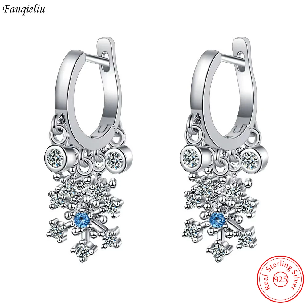 Real 925 Sterling Silver Jewelry New Original Fashion Crystal Snowflake Drop Earrings For Women FQL22176