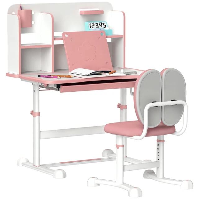 Aiyaplay Ensemble bureau et chaises pour enfants +3 ans, bureau pour enfants à hauteur réglable avec panneau inclinable, tiroir et étagères, dossier rembourré, pour livres, 80 x 55 x 107,5 cm, rose 1