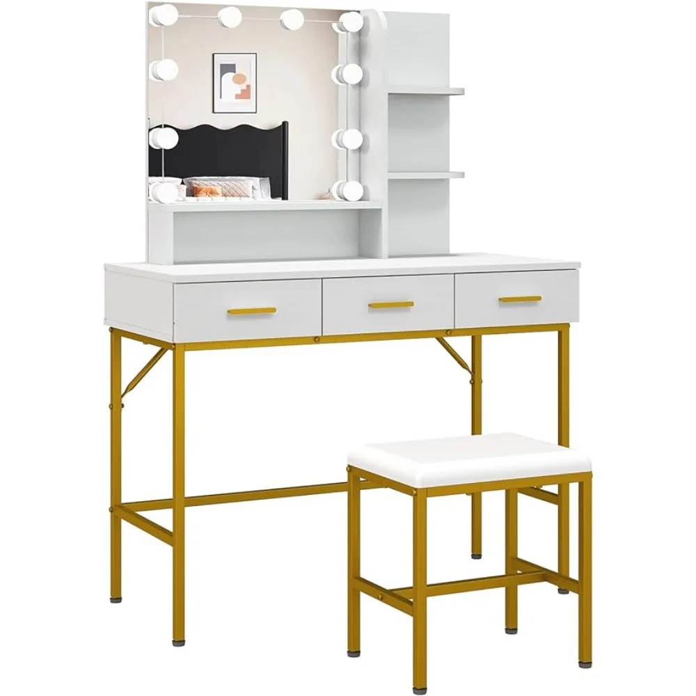 

Vanity Table with Lighted Mirror, 3 Drawers with Lots Storage Vanity Set with Wider Cushioned Stool, Vanity Desk for Bedroom