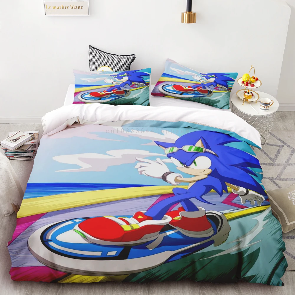 thumbnail image 1 of Juego de edredón con estampado digital 3D de Sonic Boy, 3 piezas, suave, 100 % poliéster, tamaño king, para adolescentes, regalo, 1 of 5