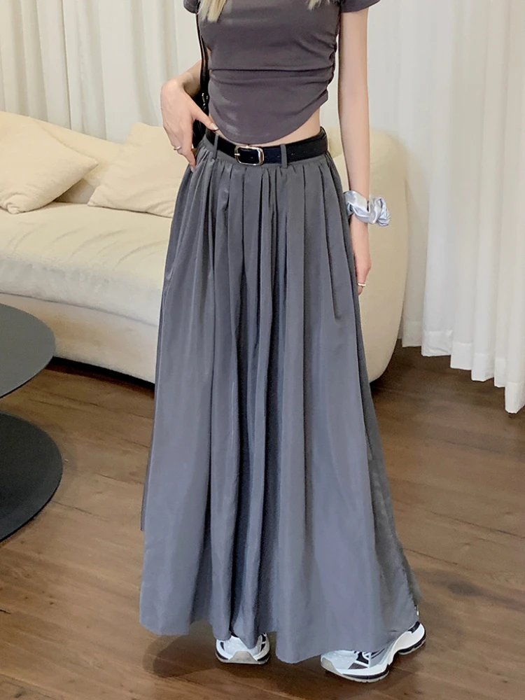Long Skirts Women Loose Autumn Pleated High Waist Pure Temperament Chic Aesthetic Bottoms Harajuku Leisure Korean Fashion Faldas