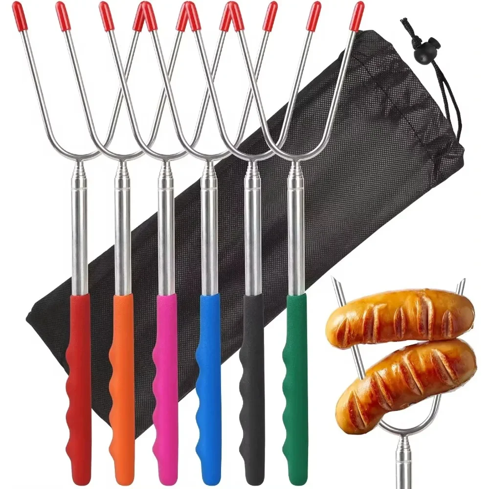 6pcs Telescopic BBQ Forks Marshmallows Roasting Sticks Stainless Steel Extendable Hot Dog Sausages Skewers Barbecue Tools