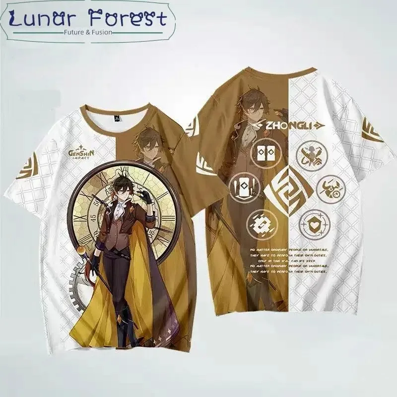 Genshin impact zhong li 3d printing T-shirt summer fashion round neck short sleeve kimono popular game streetwear 2024