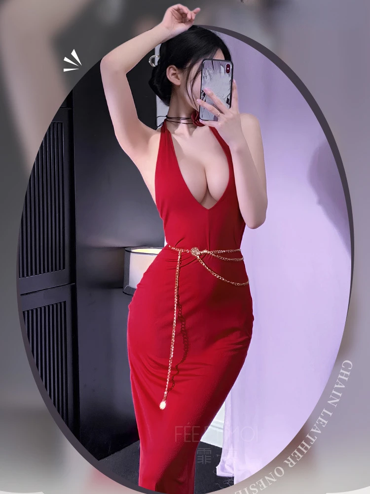 Sexy Halter Backless Long Dress for Women Red Rose Goddess Uniform Cosplay Costume Nightdress Hollow Underwear Roleplay Outfits 3