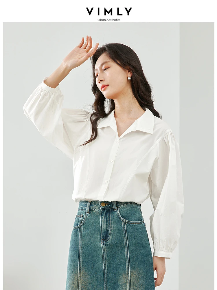 Vimly Cotton 100% White Shirt Casual Loose Shirts & Blouses 2024 Spring New Lapel Lantern Sleeve Tops Women's Clothing M5017