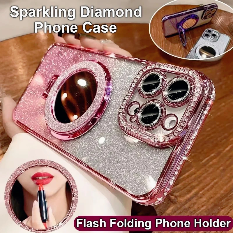 Luxury Diamond Clear Glitter Phone Case with Mirror and Magnetic Holder Stand