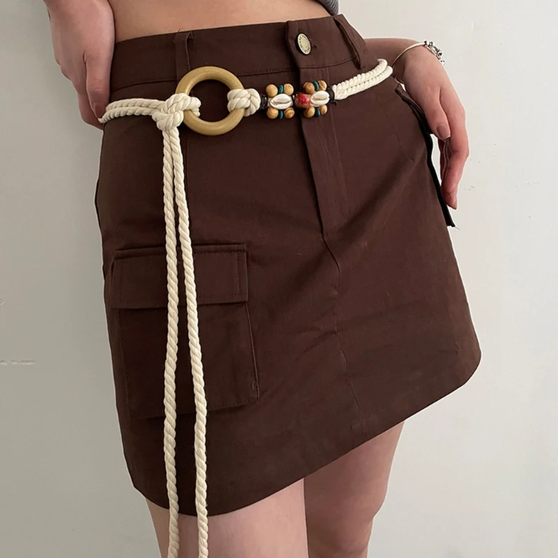

Braided Waist Rope Summer Female Waist Belt Beads Decors Handmade Thin Belt DXAA