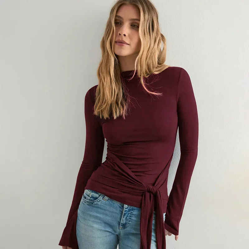 Spring and Autumn New Fashion 2026 Women's O Neck Long Sleeve T-Shirt Elegant Flared Sleeve Cinched Waist Lace-up Pullover Top