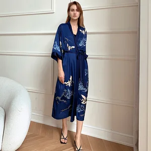 3/4 Sleeve Cardigan Kimono Women Robe Gown Sexy Print Floral Nightgown Bathrobe Long Nightdress Casual Loose Home Bath Clothes