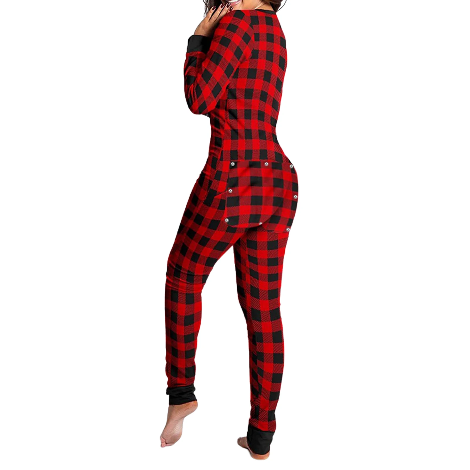 Women Functional Buttoned Flap Pajama Jumpsuit Sleepwear Solid Color/Printed Long Sleeve Homewear Harajuku Sleepwear pyjama