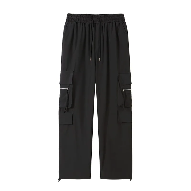 Spring Autumn Men's Clothing Solid Color Elastic High Waist Pocket Casual Loose Trousers Cargo Straight Preppy Style Pants