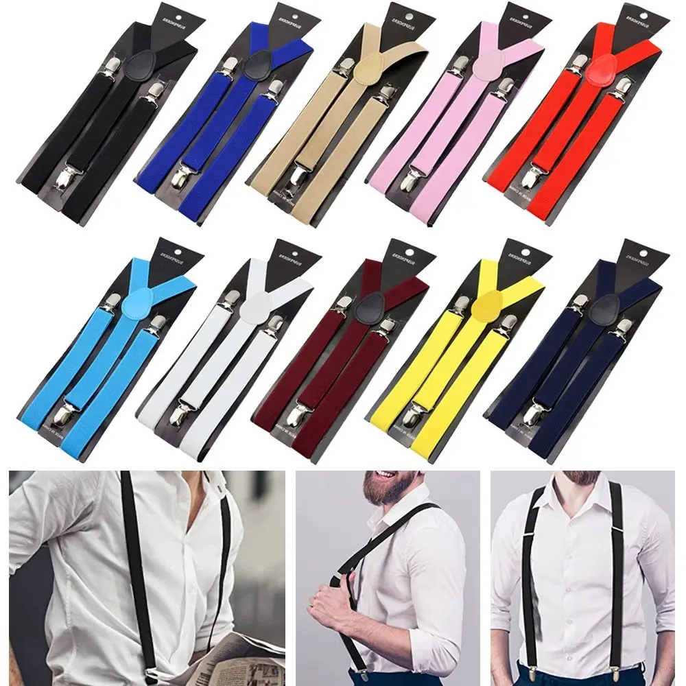 

Men Women Solid Color Elastic Leather Suspenders Braces Black Blue Red Adjustable Straps For Wedding Suit Skirt Accessories Gift