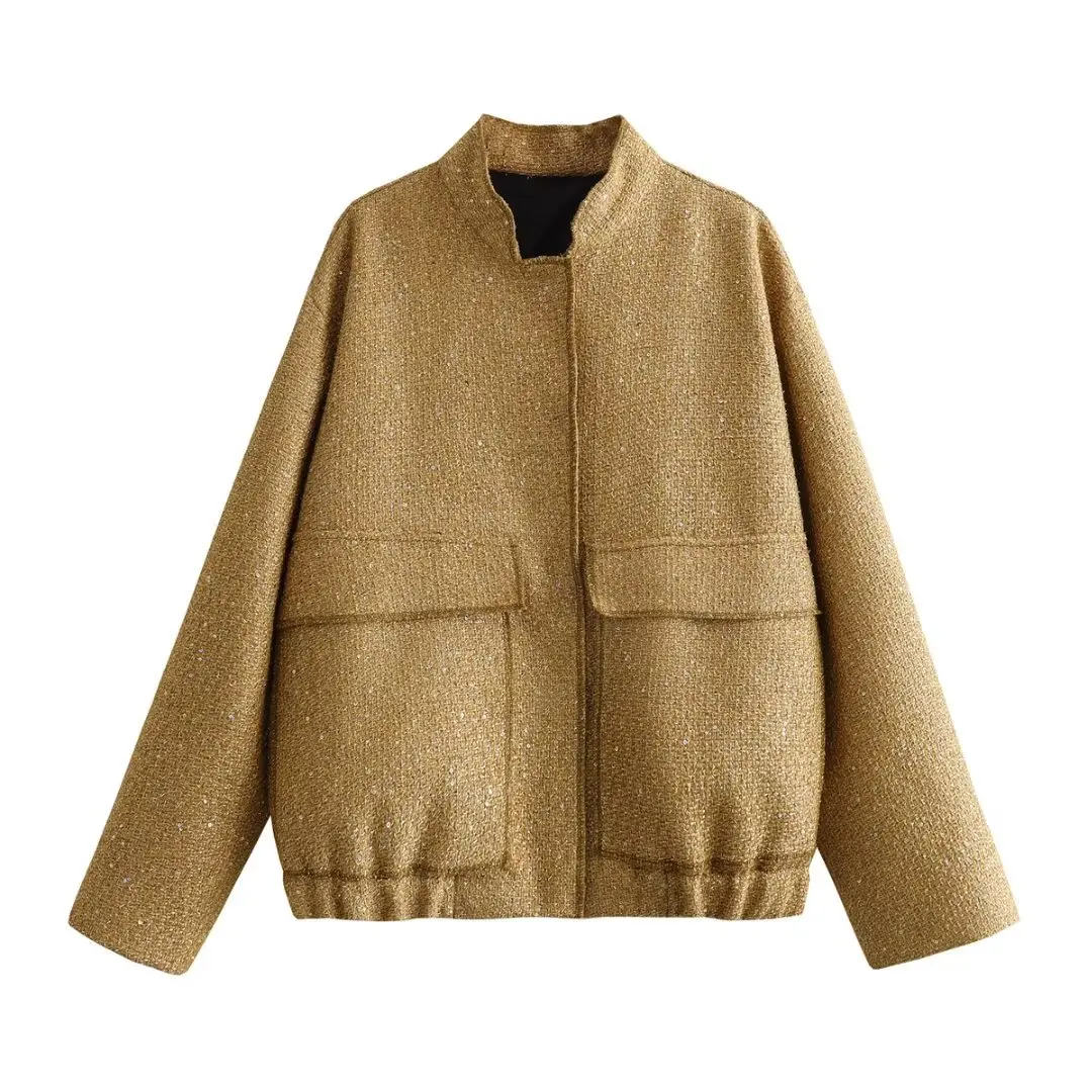 

Fashion Streetwear Korean Black Gold Sequin Embellishment Jacket 2024 Autumn Winter Long Sleeve Stand Collar Covered Button Coat