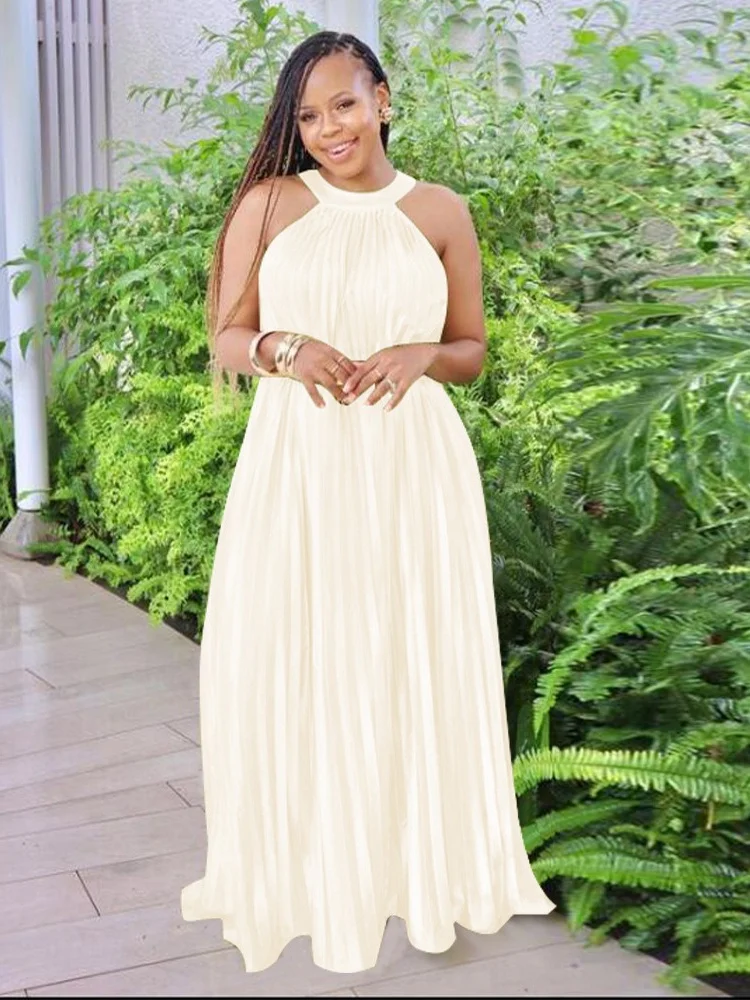 Wmstar Dress Women Wholesale Loose Sleeveless Off Shoulder Silk Pleated Elegant Big Swing Long Dress Women Clothing New Summer