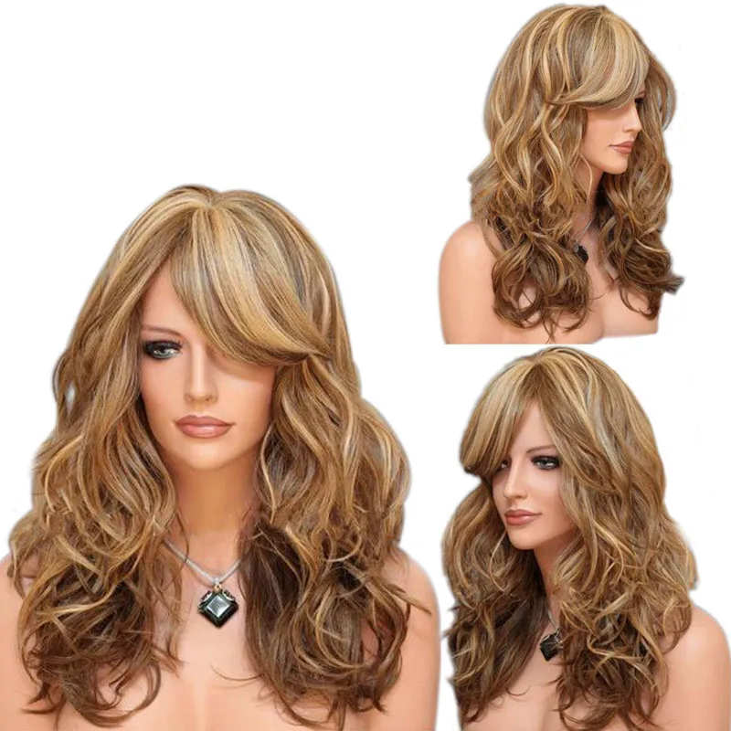 Long Nature Wave Brown Wig with Side Bangs Synthetic Hair Wigs for American African Women Cosplay Heat Resistant |