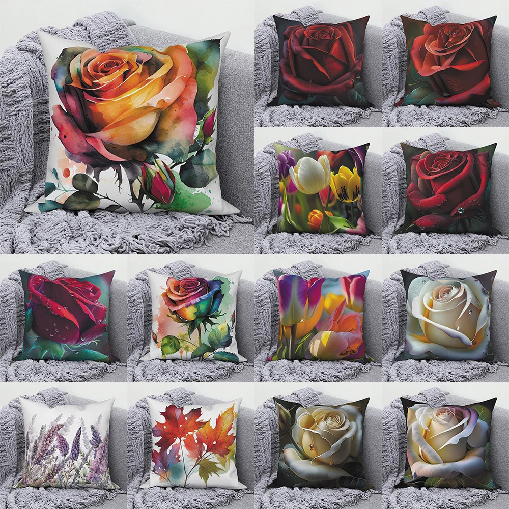 

Nordic style romantic rose flower print pattern cushion cover for home living room sofa decoration square pillowcase 45 * 45cm