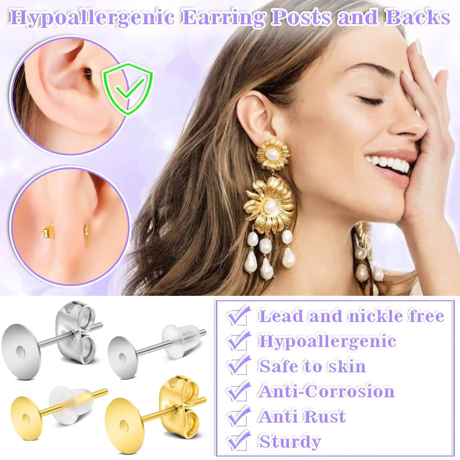 600pcs Stainless Steel Earring Posts Blanks Hypoallergenic Earring Posts with Backs for Jewelry Making Supplies earring posts