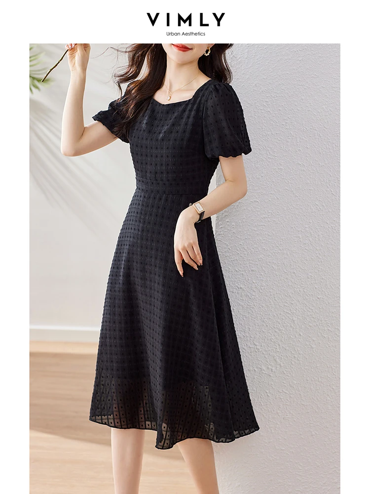 

Vimly Elegant Black Chiffon Summer Dress Women 2023 A-line Short Puff Sleeve Square Collar Vintage Chic Slim Waisted Dresses