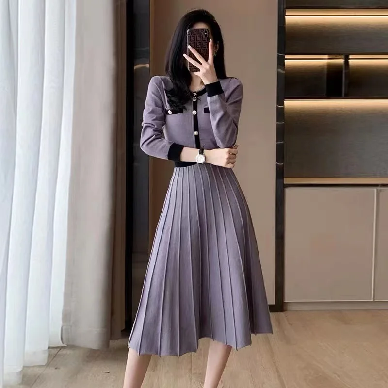 High Quality Elegant Autumn Pleated Midi Dress New Fashion Women O