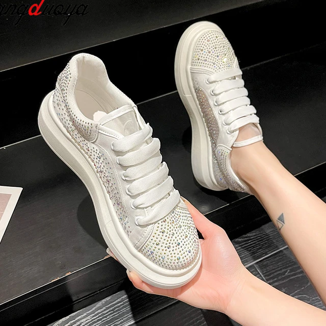 White Sneakers For Women Solid Color Rhinestone Sports Shoes Women Breathable Running Shoes Zapatillas Mujer - Running - AliExpress