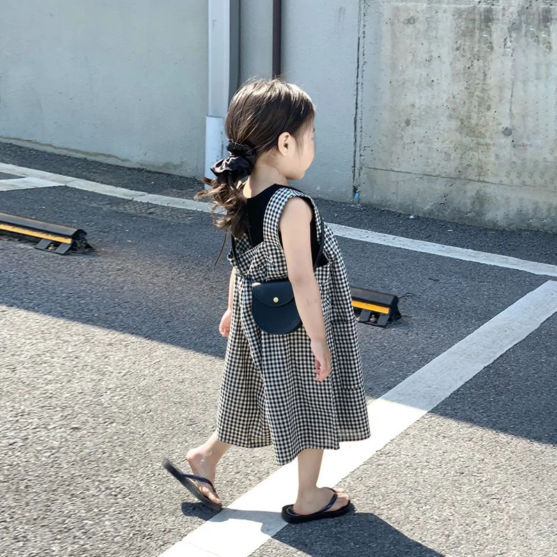 

Shoulder Strap Checkered Loose Wide Leg Jumpsuit, Suspender, Baby Vest, Two-Piece Set, Girl's Summer Outfit