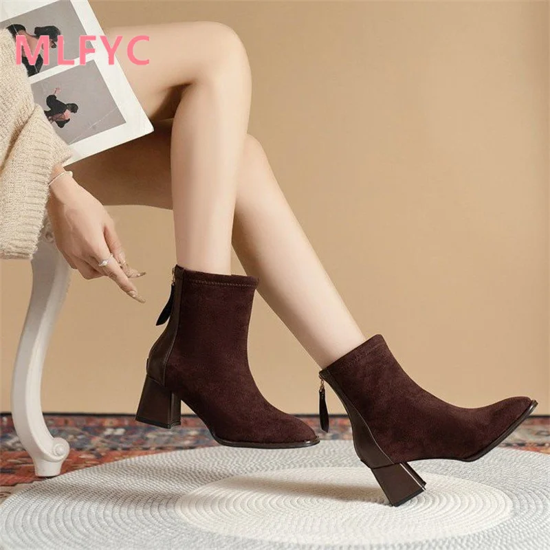 Women's French Mid Length Boots Women's Autumn and Winter New Frosted Thick Heels Retro High Heels Plush Short Boots