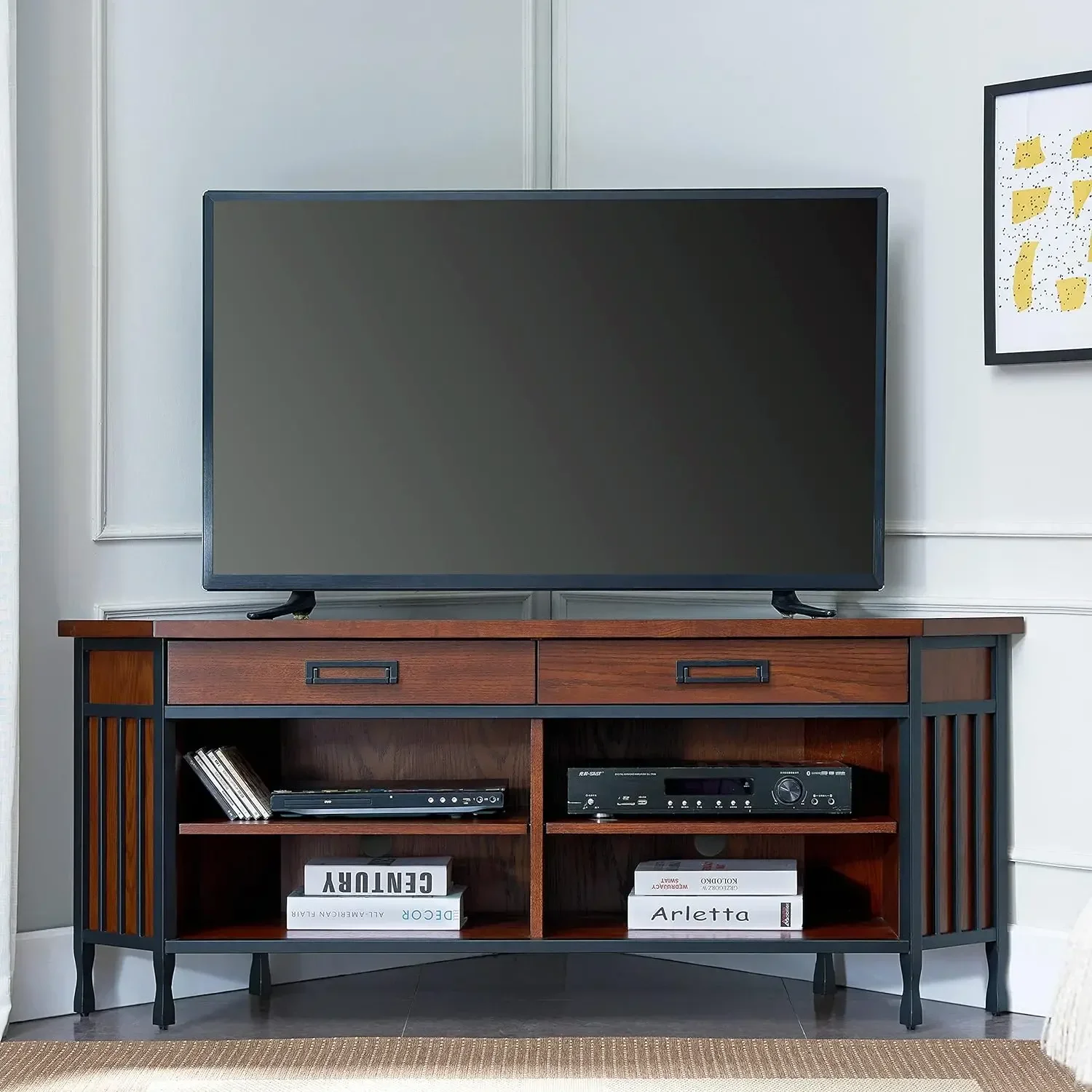 

Ironcraft Rustic Two Drawer Metal and Wood Corner Stand with Adjustable Shelves, for 55" TV's, Mission Black