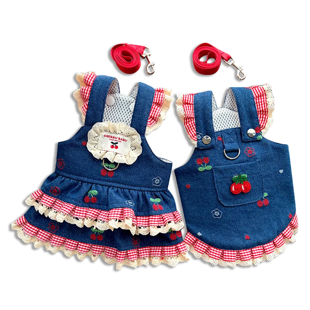 Fashion Denim Dress Harness And Leash Set For Small Dogs Cats - Cute 2-in-1 All-in-One Outfit With Built-in Leash, Adjustable So_voghion.com