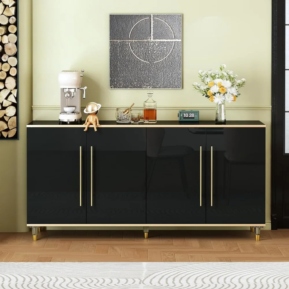 63" Buffet Sideboard Cabinet with Storage, High Glossy Coffee Bar Cabinet with Adjustable Shelves & Doors, Modern Storage Consol 3
