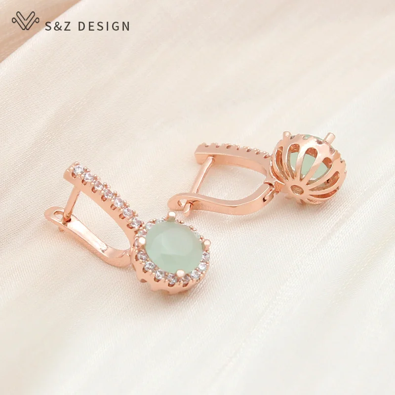 S&Z DESIGN New Fashion 585 Rose Gold Color Round Crystal Dangle Earrings For Women Wedding Jewelry Cubic Zirconia Eardrop