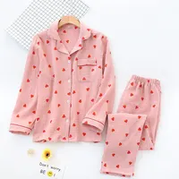 2PCS Heart Print Pajamas Suit Womens Spring Autumn Nightwear Turn Down Collar Shirt Pant Fashion Ladies Sleepwear Loose Casual - Image 3