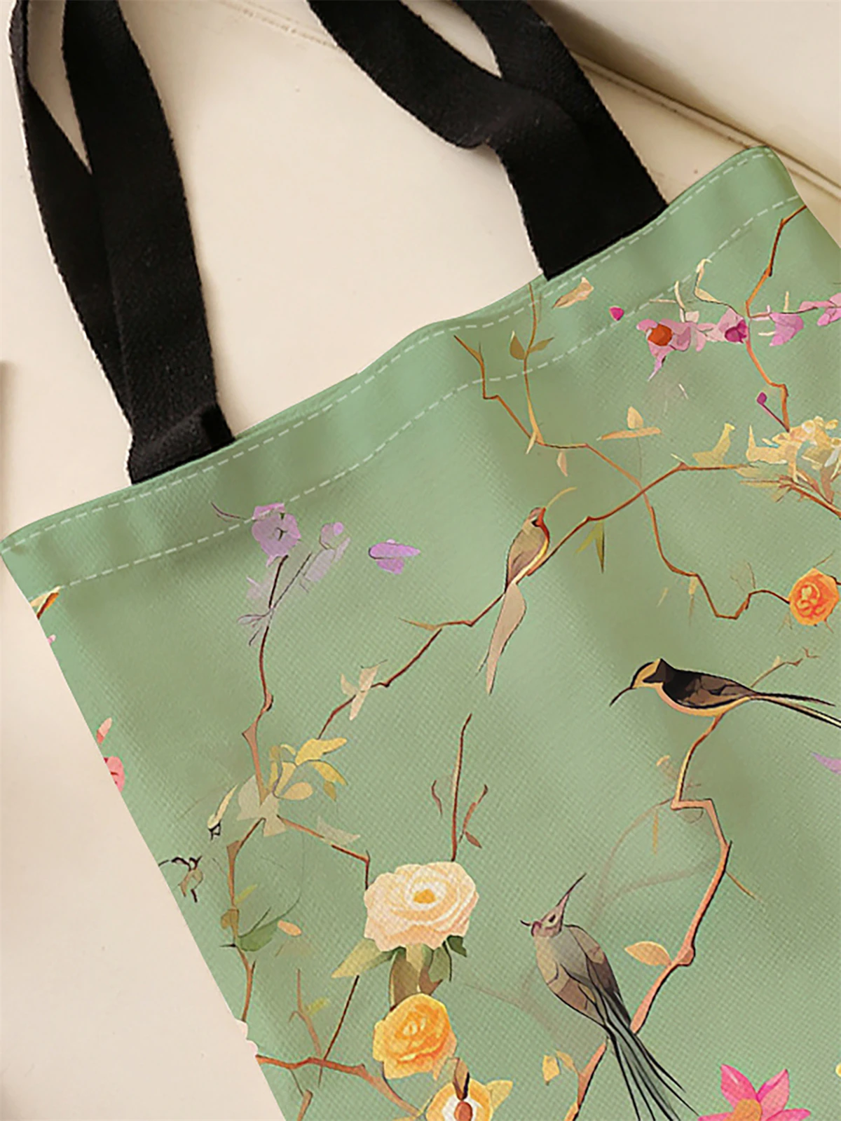 Flower and bird pattern printed casual handbag, reusable fashionable backpack, multifunctional handbag, canvas shopping bag