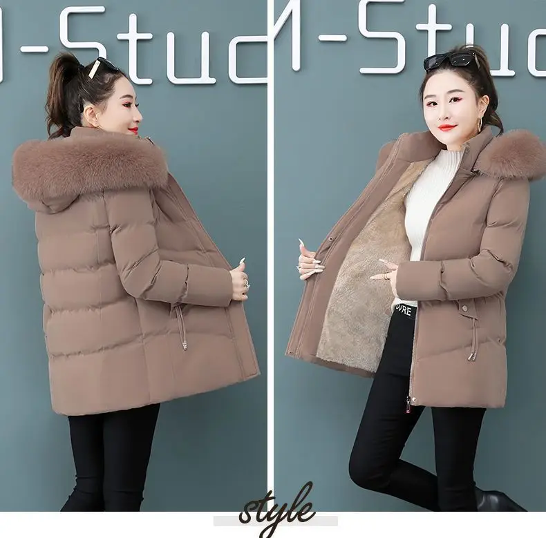 Women's Coat Cotton Coat for Women Mid-length Winter Padded Thickened Warm Removable Collar Hooded Cotton Clothes Zipper Pockets