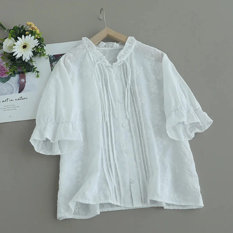 Summer Sweet Mori Girl Solid Color Embroidered Shirt Women Short Sleeve Single Breasted Casual Loose Cotton Blouse Tops