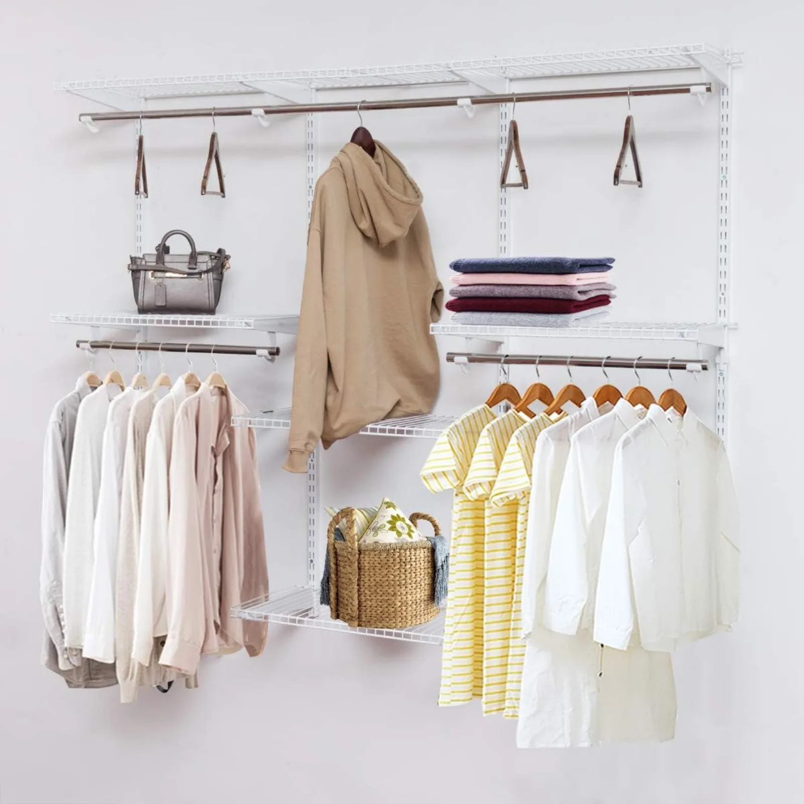 US Moccha Custom Closet Organizer System, Wall Mounted Closet System with Hanging Rod, Metal Hanging Storage Organizer Rack