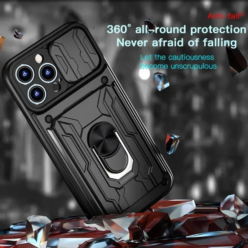 Luxury Shockproof Case with Rotating Metal Ring Stand and Card Slot