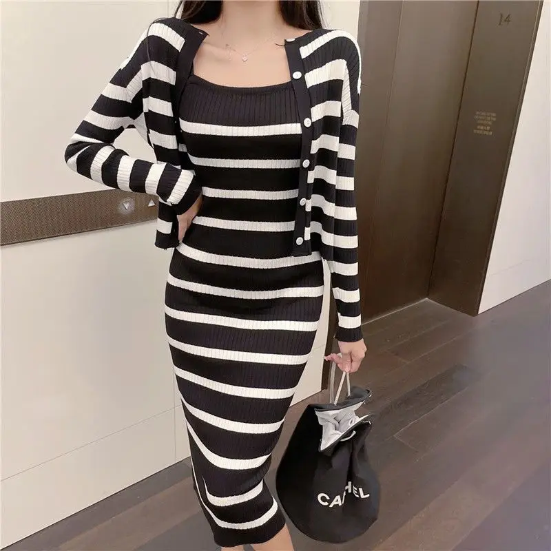 Spring and Autumn Korean Fashion Slim Striped Dress Set Women's Long Sleeve Knit Cardigan Sleeveless Dress Two Piece Set