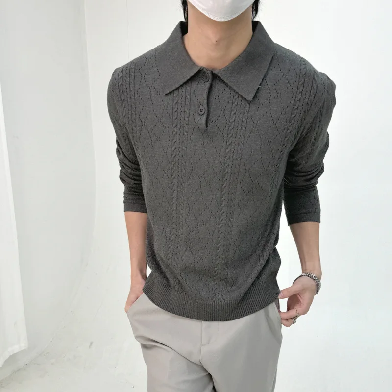 Polo in maglia jacquard da uomo, retrò, a maniche lunghe, con risvolto - immagine 2