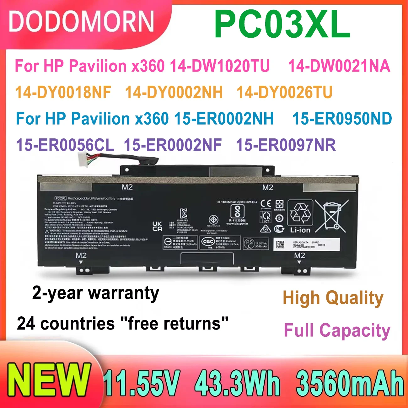 DODOMORN Laptop Battery PC03XL For HP Pavilion x360 14-DW1020TU 14