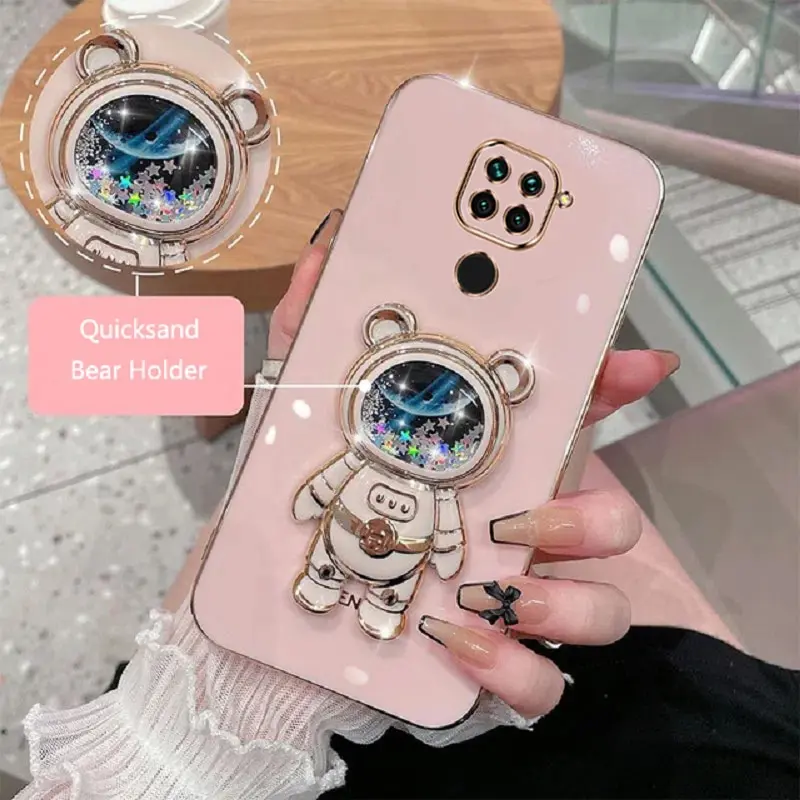 

Phone Case for Xiaomi Redmi Note 9 4G Luxury Plating Quicksand Cartoon Bear Fold Stand Phone Case Cover
