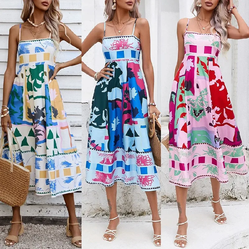 

Leisure 2023 Summer Sexy Print High Waist Strap Sleeveless Large Swing Women's Fashion Elegant Mid Length Dresses Vestido Maxi