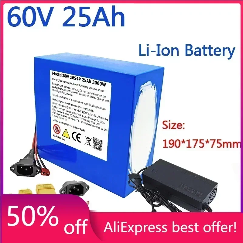 

60V 25AH Electric Bike 21700 Battery for Scooter Motorcycle 67.2V 16S4P 3000W rechargeable battery with same port BMS+charger